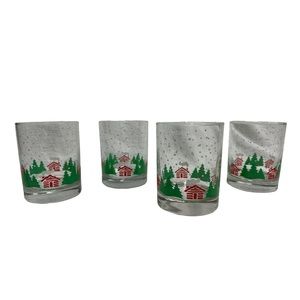 Dayton Hudson Vintage 1987 Log Cabin Snow Falling Forest Glasses Set of 4‎